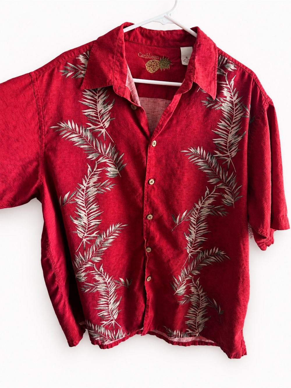 Caribbean 70% Silk Hawaiian Camp Shirt XL | Red Tropical Palm Print Button Up
